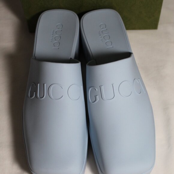 NWB Gucci Logo Rubber Clogs Mules Slip Ons Light Blue 37 725899 - Picture 2 of 7